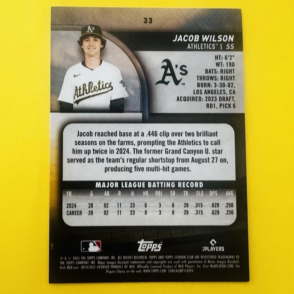 2025‎ Topps Stadium Club Jacob Wilson RC #33 Athletics Rookie Card Base